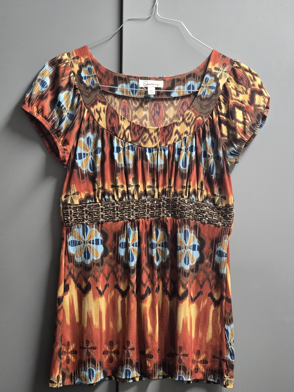 Speechless Rust and Blue Floral Ikat Short Sleeve Tee